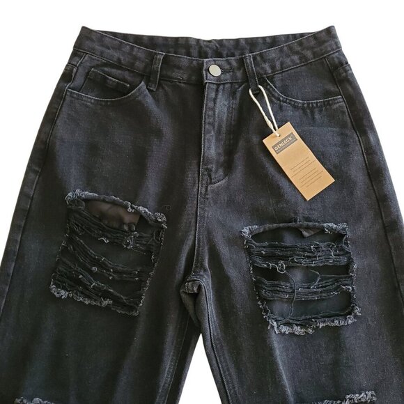 Genleck Y2K NWT BF Jeans Ripped High Waist Baggy Black Distressed Wide Leg S - Picture 7 of 16